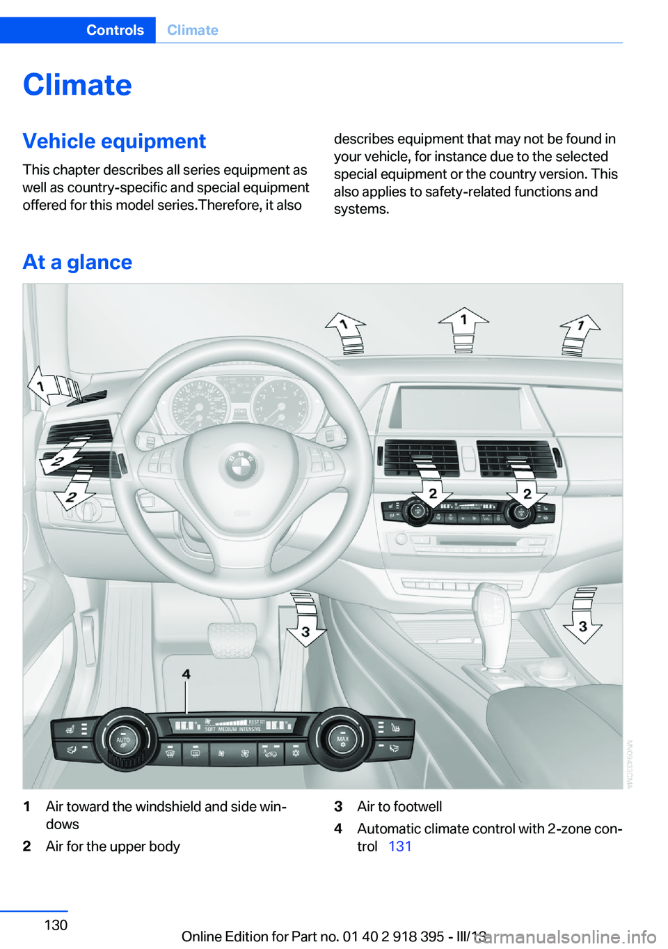 BMW X5 XDRIVE 35I 2013  Owners Manual ClimateVehicle equipmentThis chapter describes all series equipment as
well as country-specific and special equipment
offered for this model series.Therefore, it alsodescribes equipment that may not b