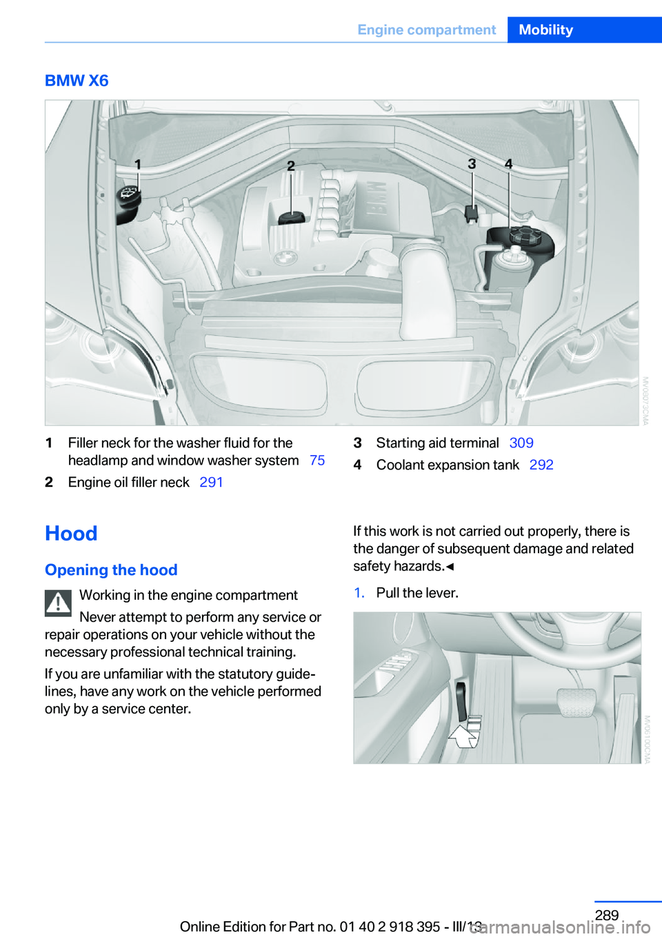 BMW X5 XDRIVE 35I PREMIUM 2013  Owners Manual BMW X61Filler neck for the washer fluid for the
headlamp and window washer system   752Engine oil filler neck  2913Starting aid terminal   3094Coolant expansion tank   292Hood
Opening 
