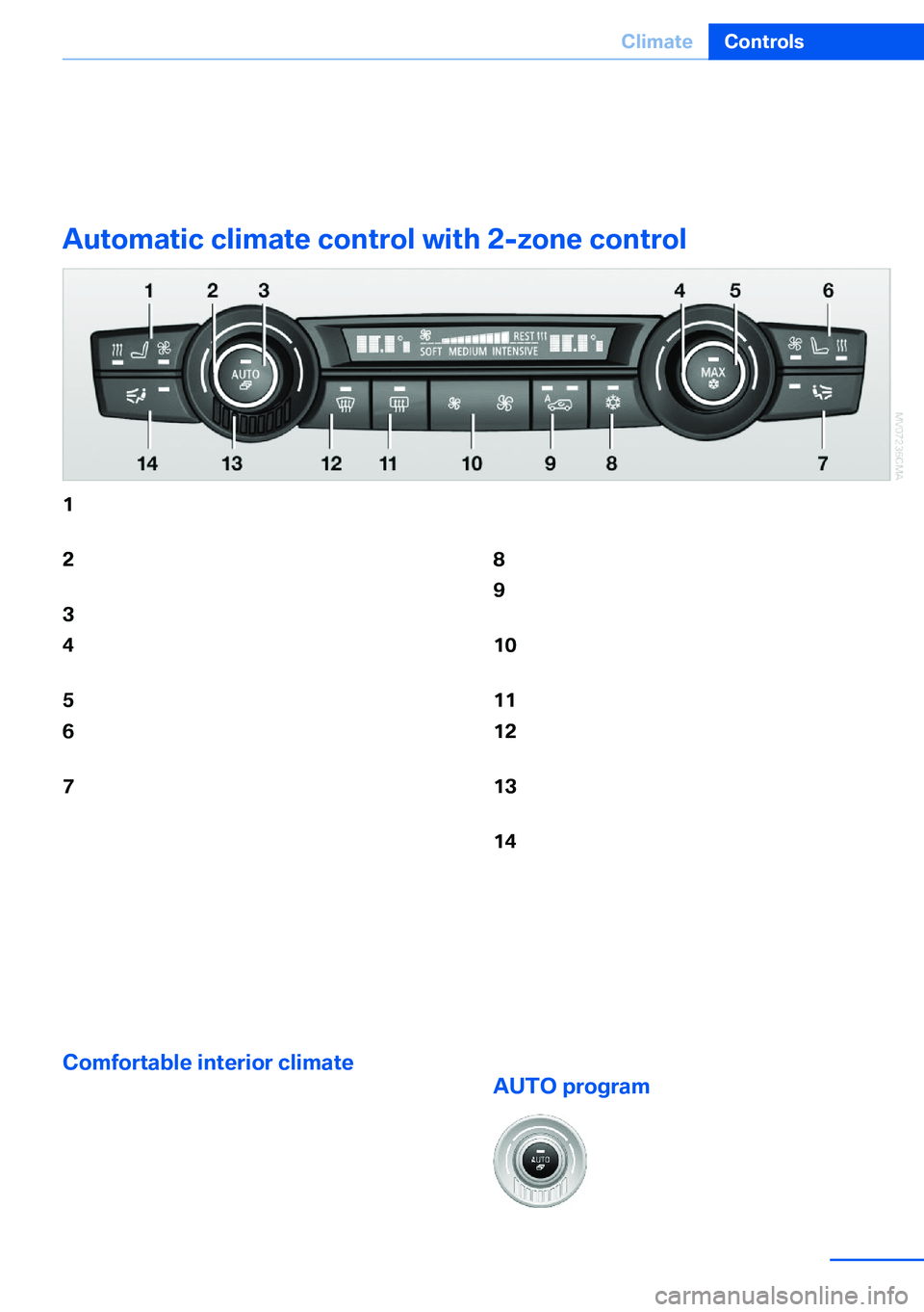 BMW X5 XDRIVE 35I SPORT ACTIVITY 2013  Owners Manual Automatic climate control with 4-zone con‐
trol   135
Automatic climate control with 2-zone control
1Seat heating and ventilation, driver's
side   532Temperature, left side of passenger 