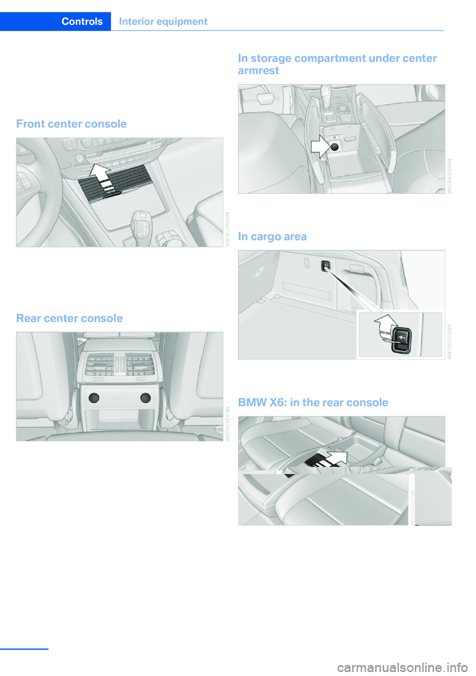 BMW X5 XDRIVE 35I SPORT ACTIVITY 2013  Owners Manual total load of all sockets must not exceed
140 watts at 12 volt.
Avoid damaging the sockets by attempting to
insert plugs of unsuitable shape or size.
Front center console
Slide the cover forward.
To a