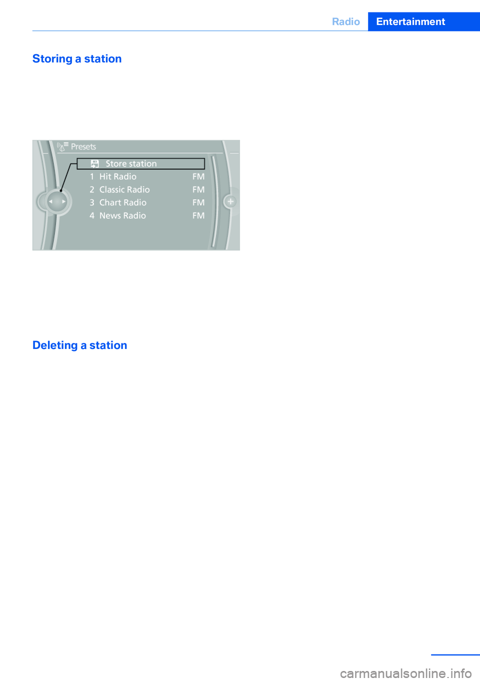 BMW X5 XDRIVE 35I SPORT ACTIVITY 2013  Owners Manual Storing a station
The station currently selected is stored.1."Radio"2."Presets"3."Store station"4.Select the desired memory location.
The list of stored stations is stored for 