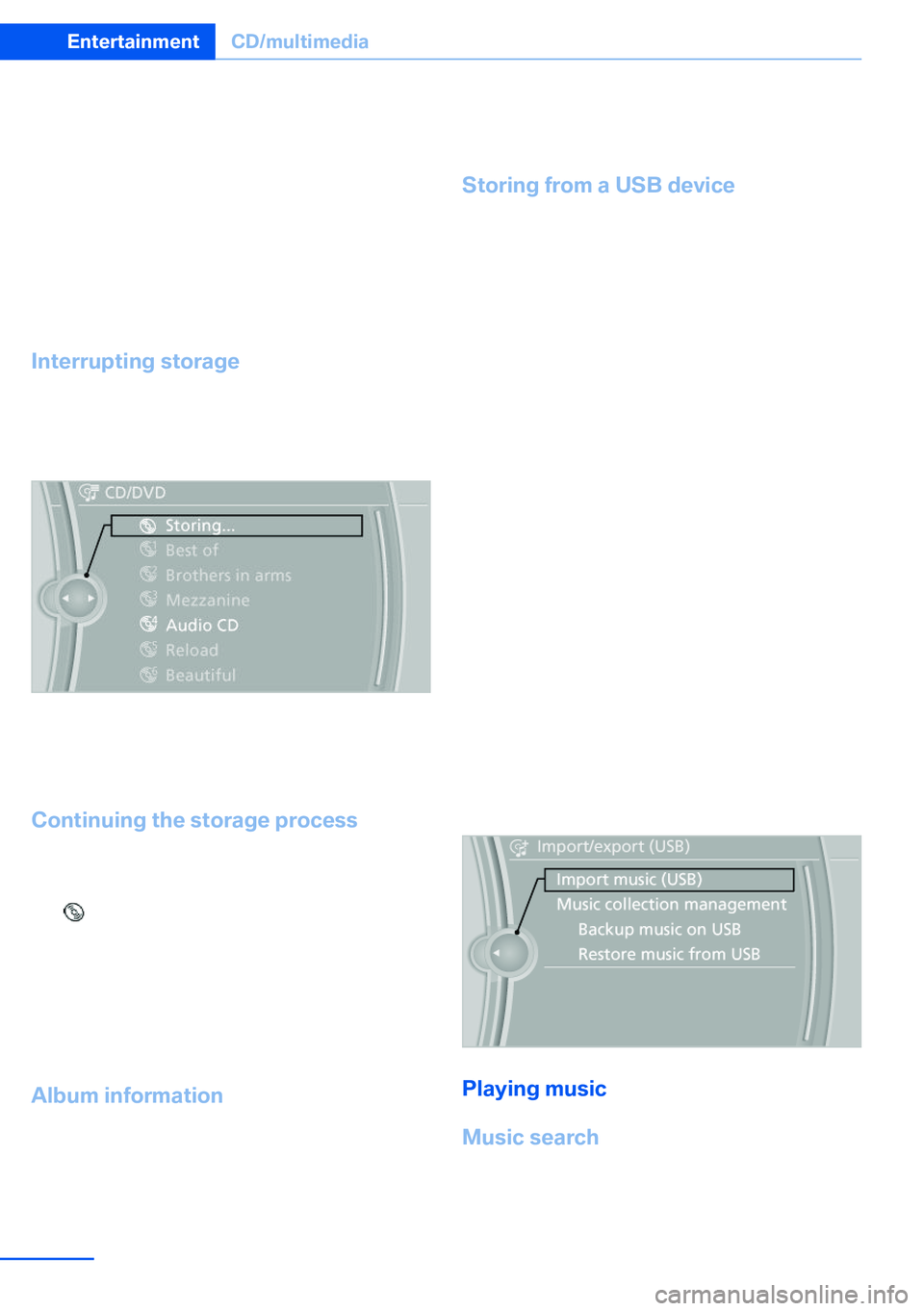 BMW X5 XDRIVE 35I SPORT ACTIVITY 2013  Owners Manual Observe the following during the storage proc‐
ess:
Do not switch to the CD/DVD player and do not
remove the CD/DVD from the CD/DVD player
as this will interrupt the storage process. You
can switch 