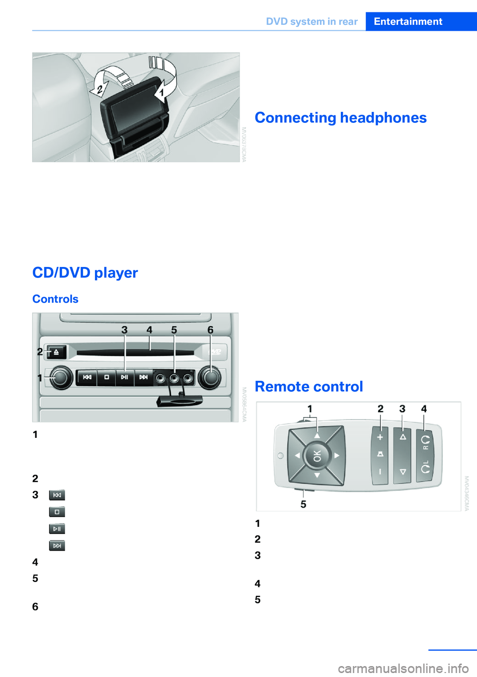 BMW X5 XDRIVE 35I SPORT ACTIVITY 2013  Owners Manual 1.Turn the display screen, arrow 1
The display screen switches off.2.Fold down the display screen, arrow 2.
The display screen is folded out in the reverse
order.
CD/DVD player
Controls
1Press: switch