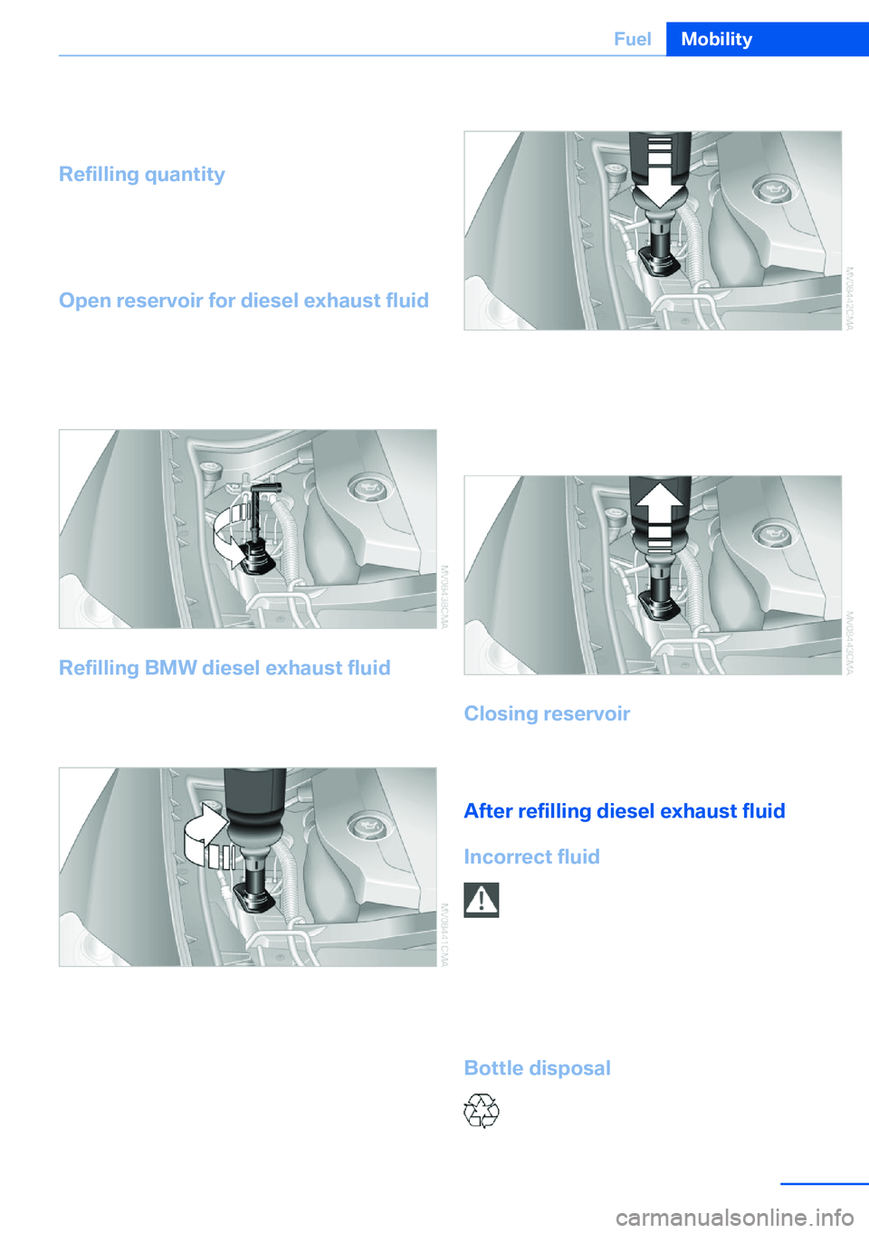 BMW X5 XDRIVE 35I SPORT ACTIVITY 2013  Owners Manual Diesel exhaust fluid can be obtained from your
service center.
Refilling quantity Refilling quantity at the start of the reserve dis‐
play:
Approx. 0.75 gallons/2.7 liters
Open reservoir for diesel 