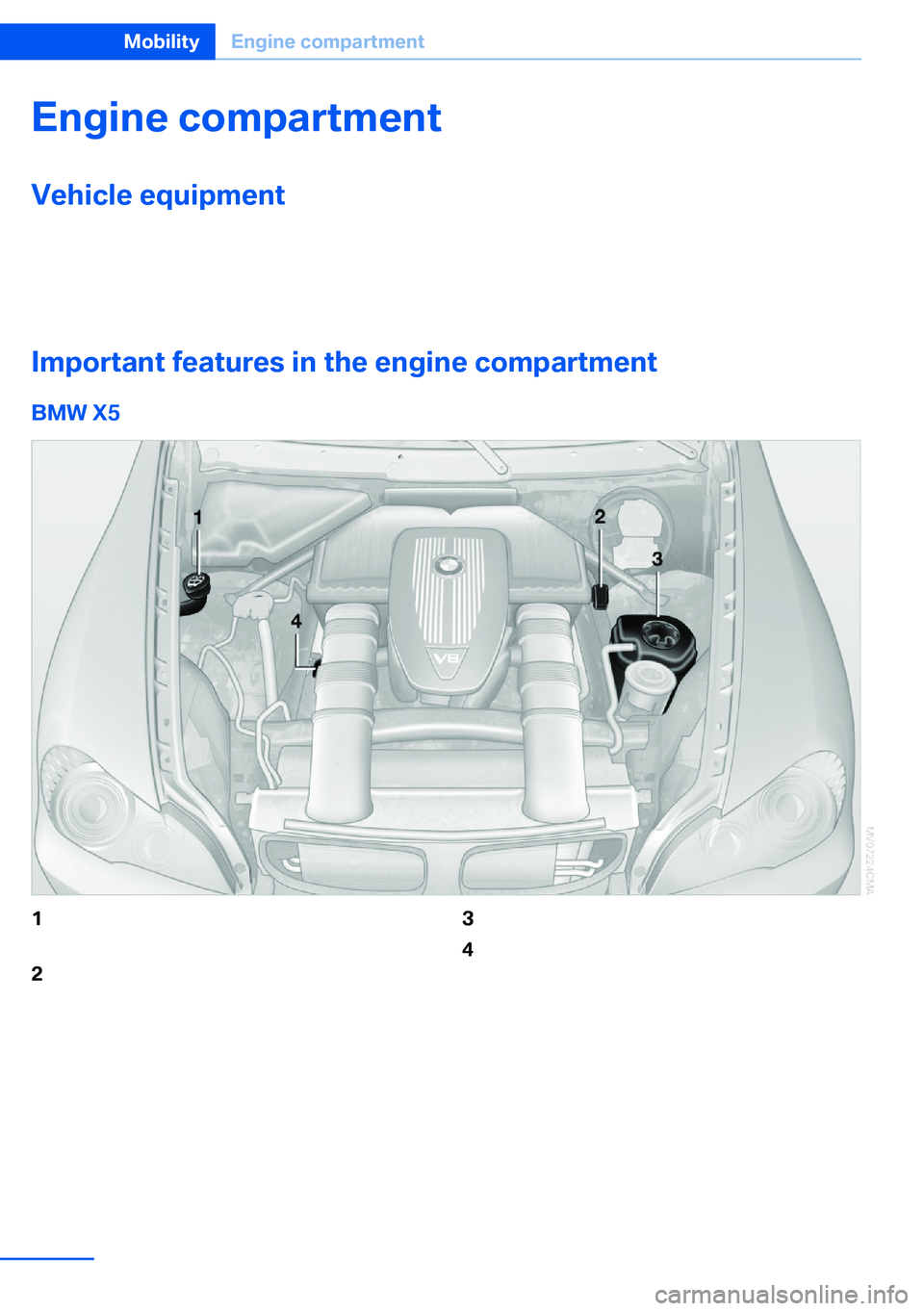 BMW X5 XDRIVE 35I SPORT ACTIVITY 2013  Owners Manual Engine compartmentVehicle equipmentThis chapter describes all series equipment as
well as country-specific and special equipment
offered for this model series.Therefore, it alsodescribes equipment tha