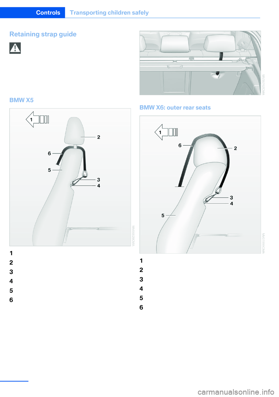 BMW X5 XDRIVE 35I SPORT ACTIVITY 2013  Owners Manual Retaining strap guideRetaining strap
Make sure the upper retaining strap does
not run over sharp edges and is not twisted as
it passes to the top anchor. Otherwise, the
strap will not properly secure 