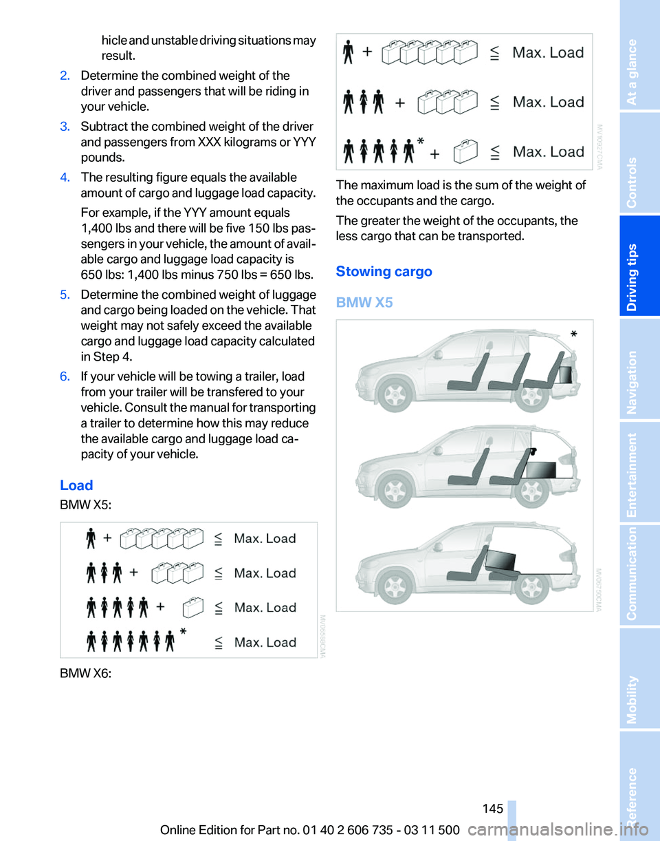 BMW X5 XDRIVE 50I 2012  Owners Manual hicle and unstable driving situations may
result.
2. Determine the combined weight of the
driver and passengers that will be riding in
your vehicle.
3. Subtract the combined weight of the driver
and 
