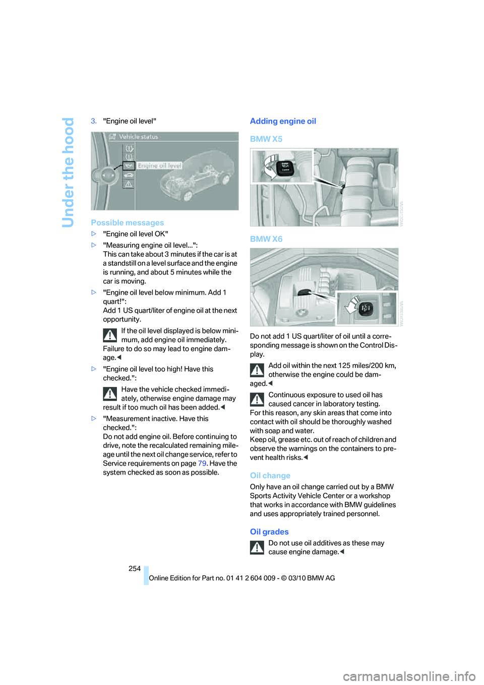 BMW X5 XDRIVE 50I 2011 Owners Manual Under the hood
254 3."Engine oil level"
Possible messages
>"Engine oil level OK"
>"Measuring engine oil level...":
This can take about 3 minutes if the car is at
a standstill on a level surface and BMW X5 XDRIVE 50I 2011 Owners Manual Under the hood
254 3."Engine oil level"
Possible messages
>"Engine oil level OK"
>"Measuring engine oil level...":
This can take about 3 minutes if the car is at
a standstill on a level surface and