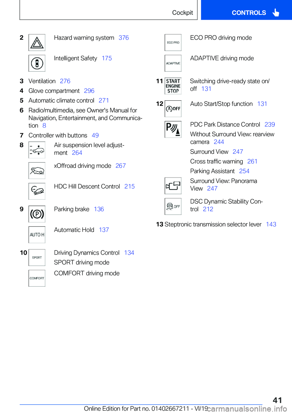 BMW X6 2020  Owners Manual �2�H�a�z�a�r�d��w�a�r�n�i�n�g��s�y�s�t�e�m\_�3�7�6�I�n�t�e�l�l�i�g�e�n�t��S�a�f�e�t�y\_�1�7�5�3�V�e�n�t�i�l�a�t�i�o�n\_�2�7�6�4�G�l�o�v�e��c�o�m�p�a�r�t�m�e�n�t\_ �2�9�6�5�A�u�t�o�m�a�t�i�