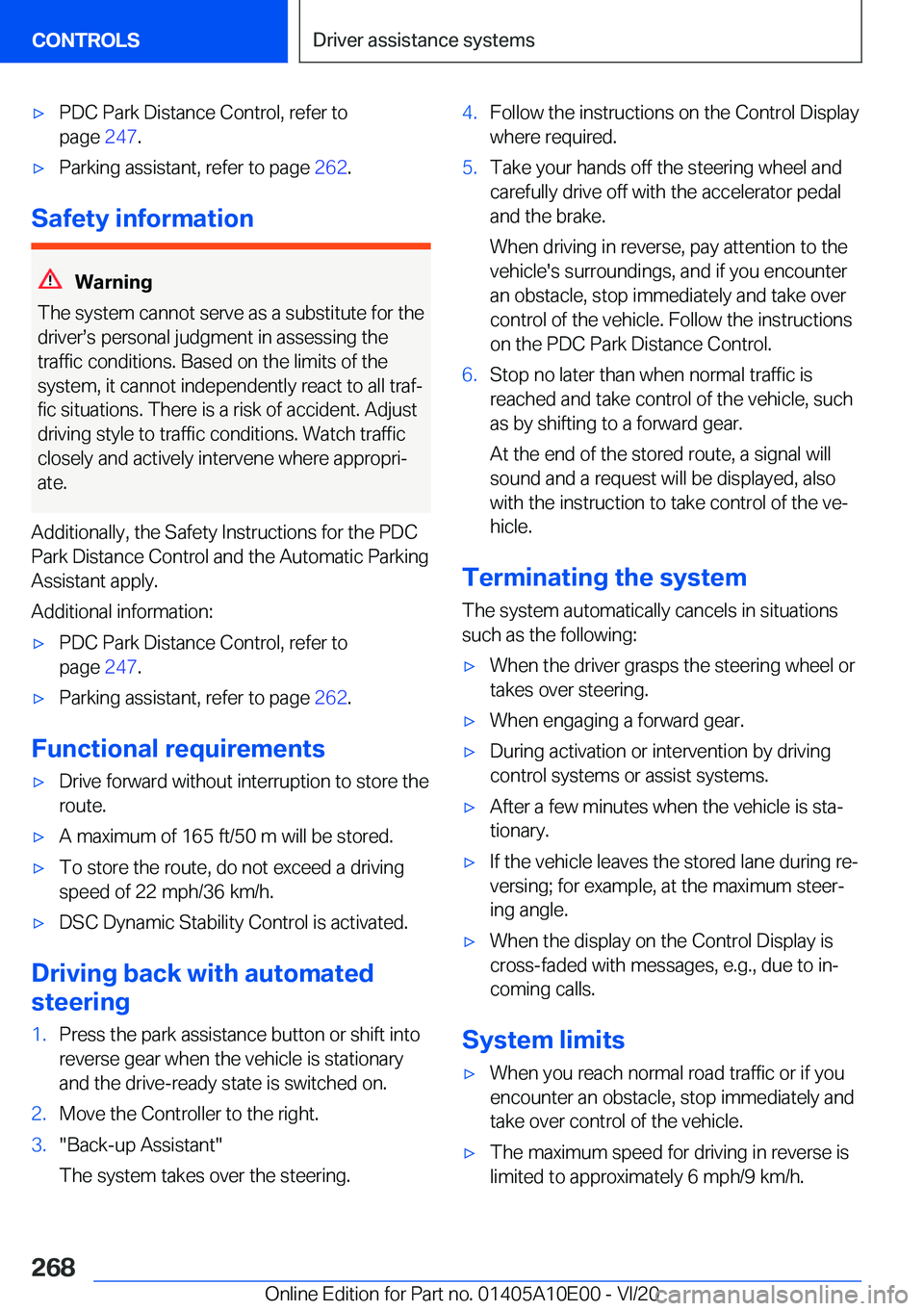BMW X6 M 2021  Owners Manual 'x�P�D�C��P�a�r�k��D�i�s�t�a�n�c�e��C�o�n�t�r�o�l�,��r�e�f�e�r��t�o
�p�a�g�e� �2�4�7�.'x�P�a�r�k�i�n�g��a�s�s�i�s�t�a�n�t�,��r�e�f�e�r��t�o��p�a�g�e� �2�6�2�.
�S�a�f�e�t�y��i�n�f�o