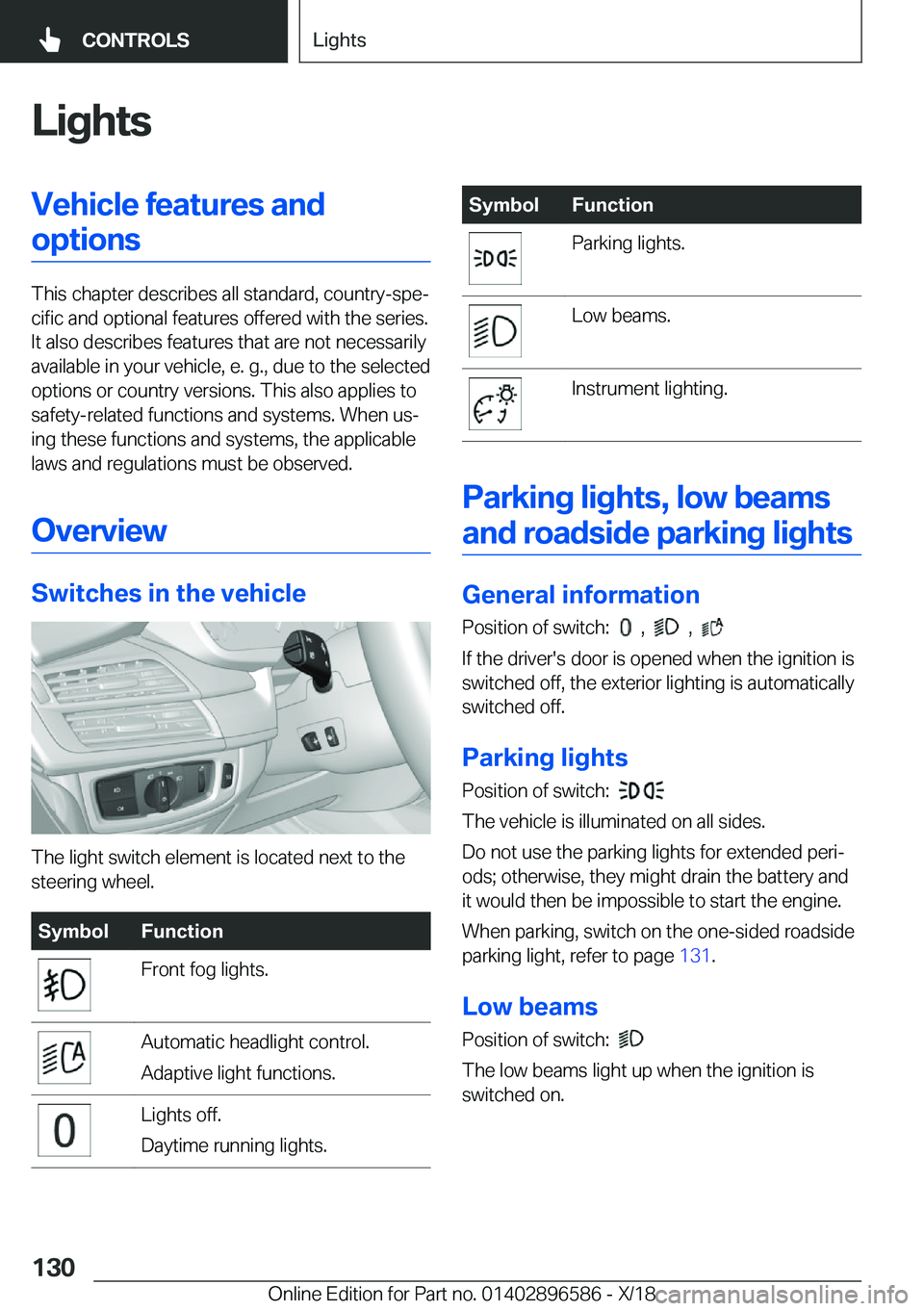 BMW X6 M 2019  Owners Manual �L�i�g�h�t�s�V�e�h�i�c�l�e��f�e�a�t�u�r�e�s��a�n�d�o�p�t�i�o�n�s
�T�h�i�s��c�h�a�p�t�e�r��d�e�s�c�r�i�b�e�s��a�l�l��s�t�a�n�d�a�r�d�,��c�o�u�n�t�r�y�-�s�p�ej�c�i�f�i�c��a�n�d��o�p�t�i�o�n�a�