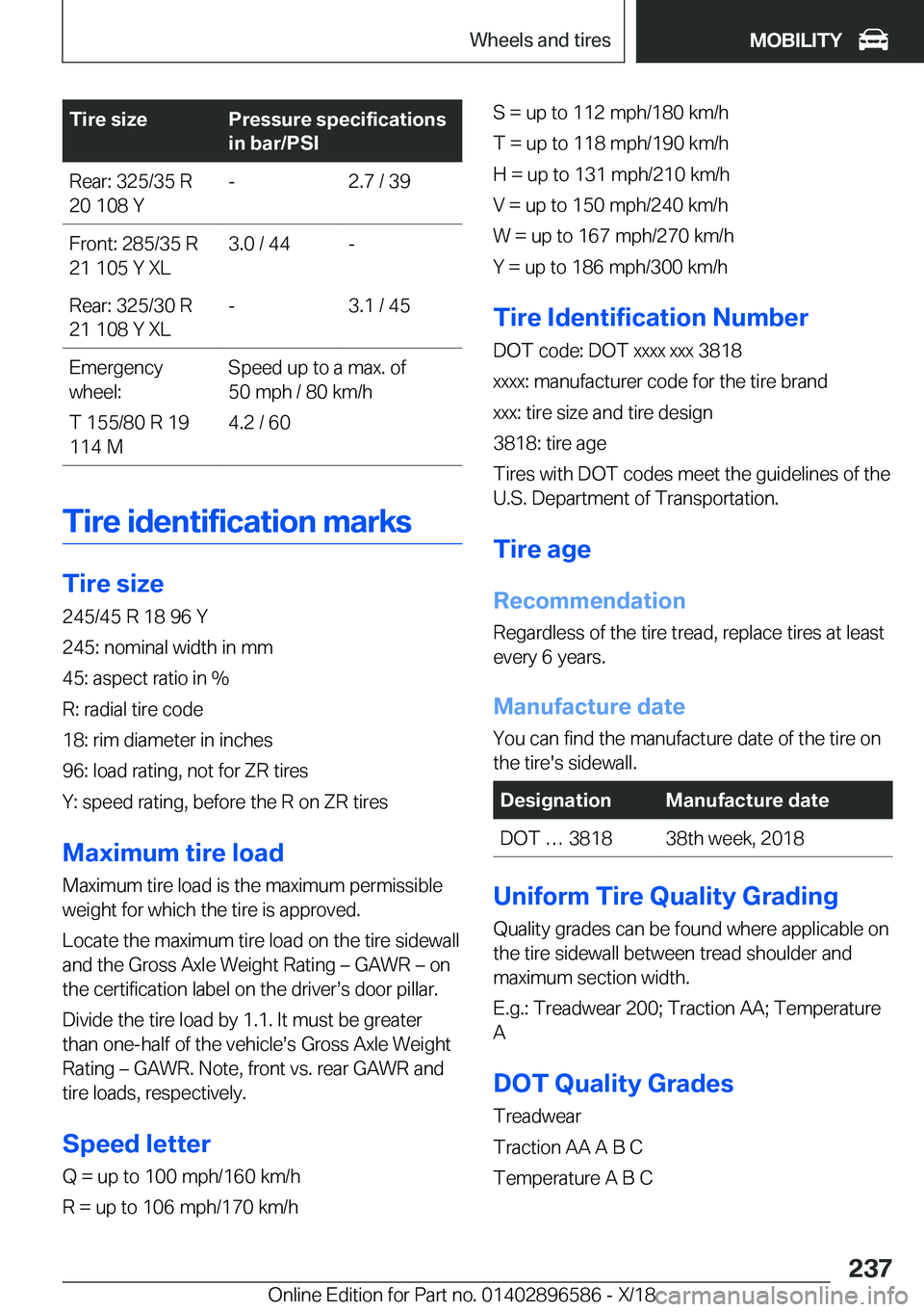 BMW X6 M 2019  Owners Manual �T�i�r�e��s�i�z�e�P�r�e�s�s�u�r�e��s�p�e�c�i�f�i�c�a�t�i�o�n�s
�i�n��b�a�r�/�P�S�I�R�e�a�r�:��3�2�5�/�3�5��R
�2�0��1�0�8��Y�-�2�.�7��/��3�9�F�r�o�n�t�:��2�8�5�/�3�5��R
�2�1��1�0�5��Y��X�