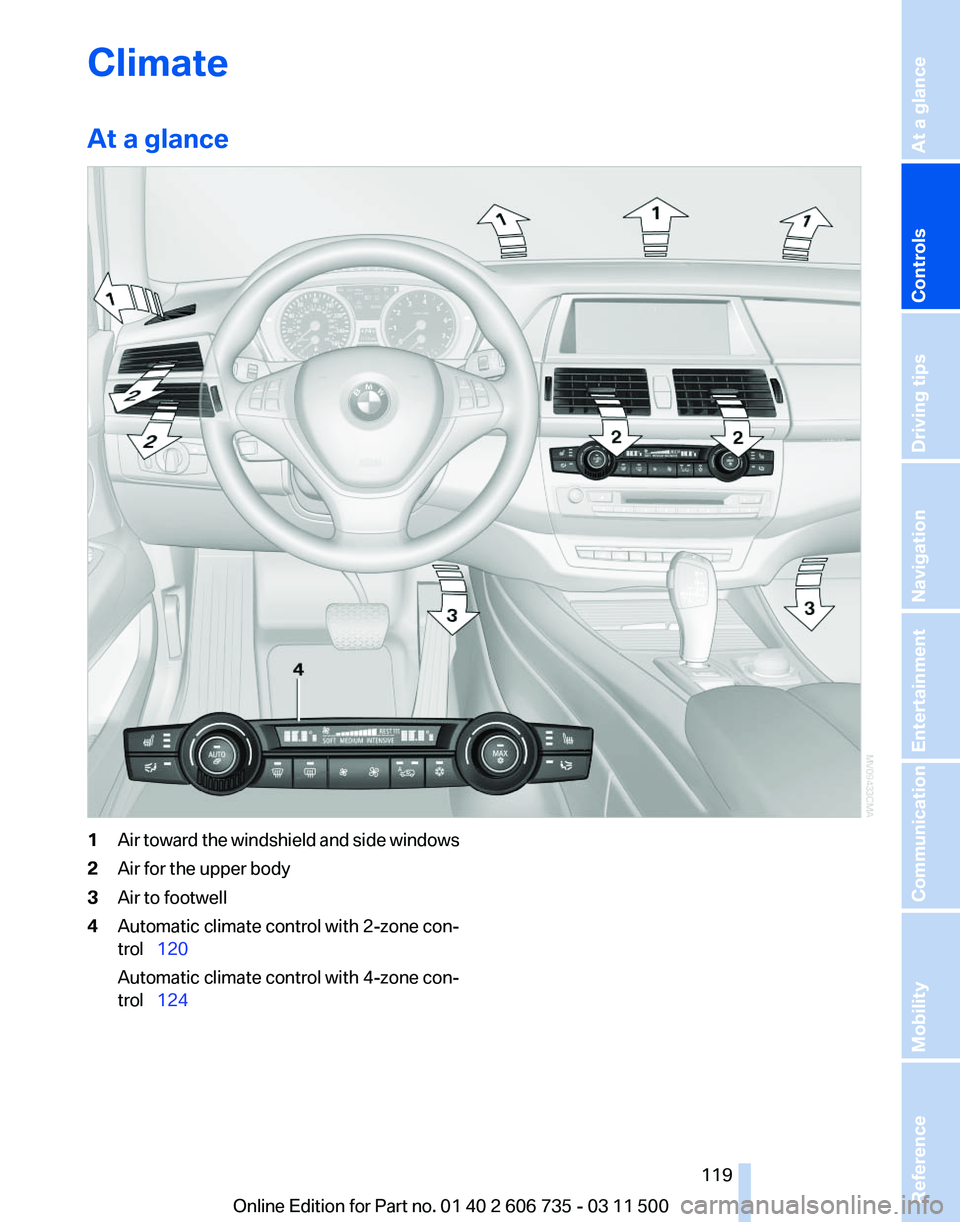 BMW X6 M 2012  Owners Manual Climate
At a glance
1
Air toward the windshield and side windows
2 Air for the upper body
3 Air to footwell
4 Automatic climate control with 2-zone con‐
trol  120
Automatic climate control with 
