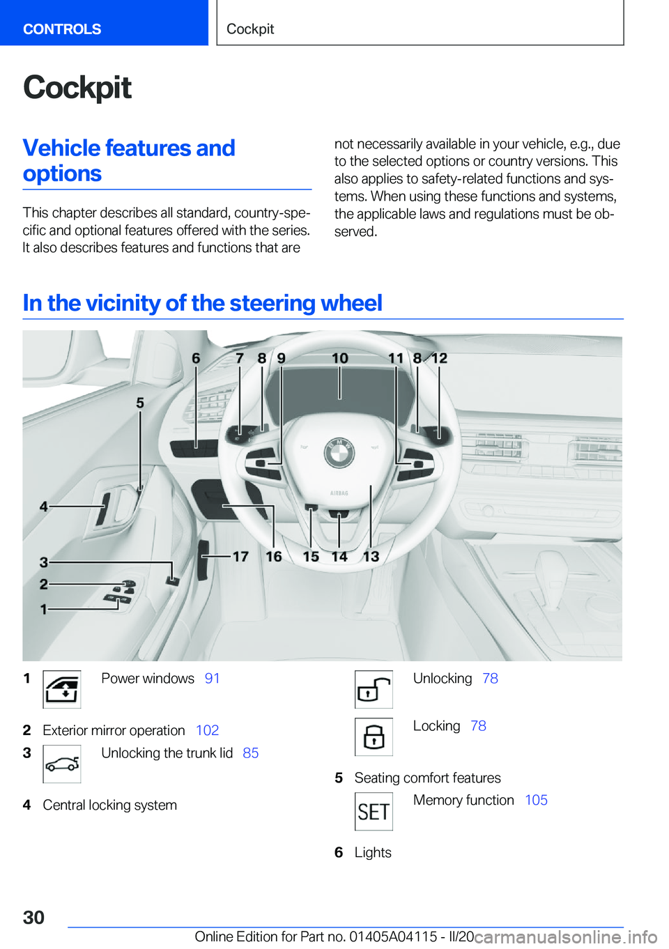 BMW Z4 2020  Owners Manual �C�o�c�k�p�i�t�V�e�h�i�c�l�e��f�e�a�t�u�r�e�s��a�n�d�o�p�t�i�o�n�s
�T�h�i�s��c�h�a�p�t�e�r��d�e�s�c�r�i�b�e�s��a�l�l��s�t�a�n�d�a�r�d�,��c�o�u�n�t�r�y�-�s�p�e#j�c�i�f�i�c��a�n�d��o�p�t�i�o�n�