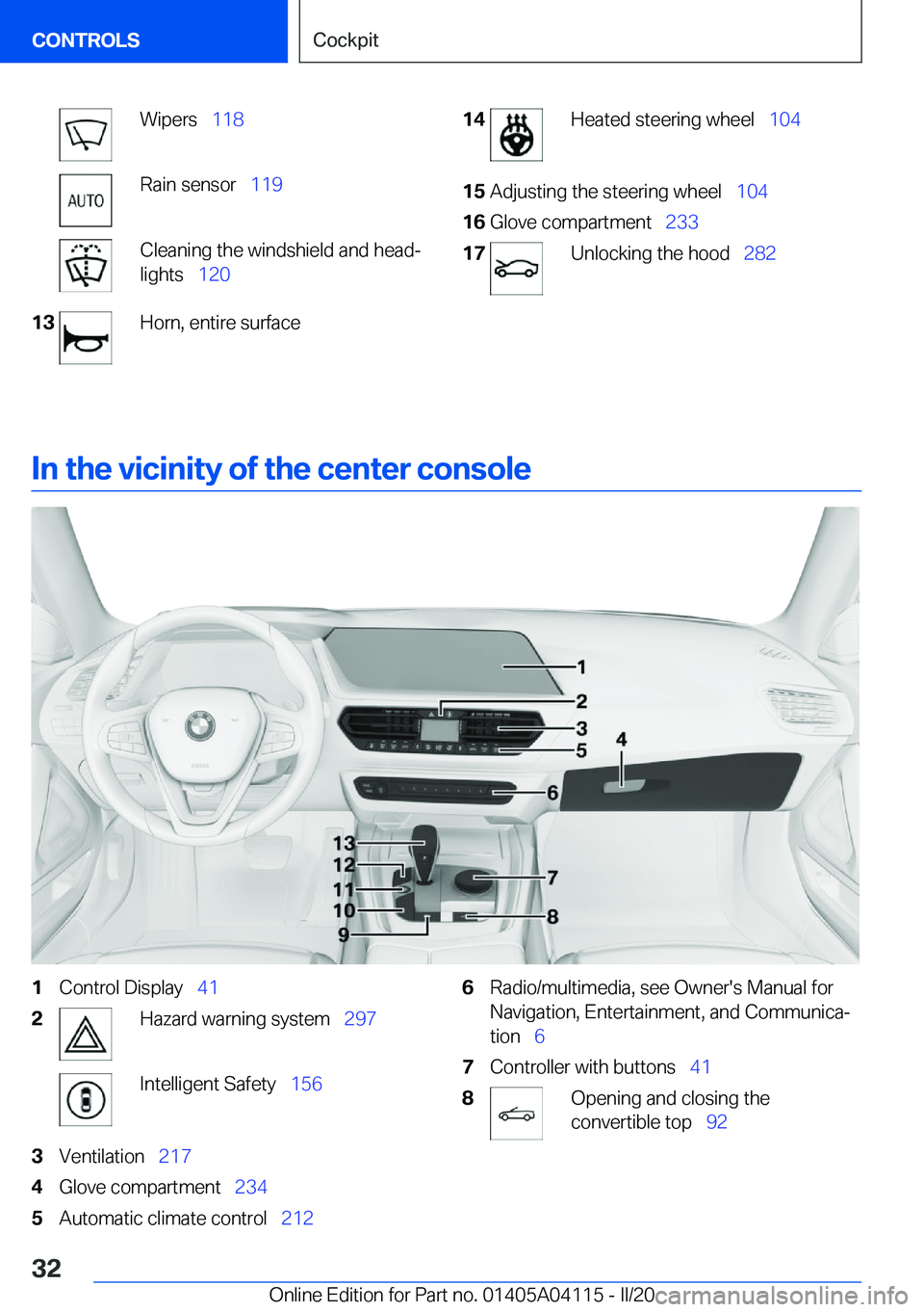 BMW Z4 2020  Owners Manual �W�i�p�e�r�s#\#_�1�1�8�R�a�i�n��s�e�n�s�o�r#\#_ �1�1�9�C�l�e�a�n�i�n�g��t�h�e��w�i�n�d�s�h�i�e�l�d��a�n�d��h�e�a�d#j
�l�i�g�h�t�s#\#_ �1�2�0�1�3�H�o�r�n�,��e�n�t�i�r�e��s�u�r�f�a�c�e�1�4�H�e�a�