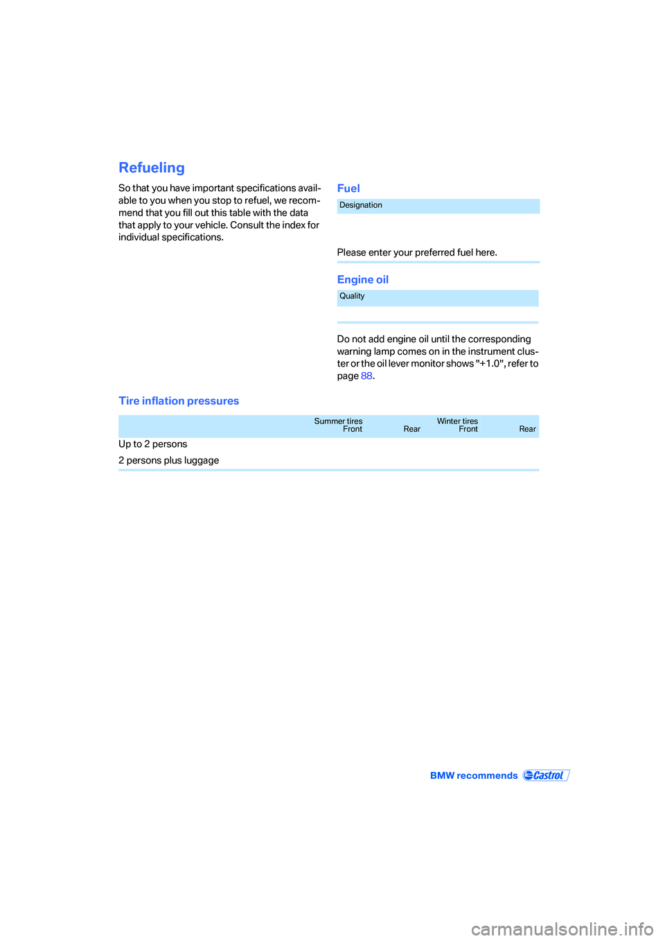 BMW Z4 3.0SI ROADSTER 2006  Owners Manual Refueling
So that you have important specifications avail-
able to you when you stop to refuel, we recom-
mend that you fill out this table with the data 
that apply to your vehicle. Consult the index