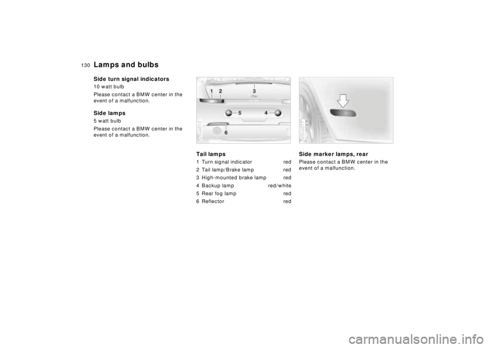 BMW Z8 2001  Owners Manual 130n
Lamps and bulbsSide turn signal indicators10 watt bulb
Please contact a BMW center in the 
event of a malfunction.Side lamps5 watt bulb
Please contact a BMW center in the 
event of a malfunction.