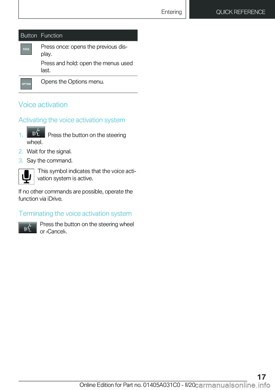 BMW I3 2020  Owners Manual �B�u�t�t�o�n�F�u�n�c�t�i�o�n�P�r�e�s�s��o�n�c�e�:��o�p�e�n�s��t�h�e��p�r�e�v�i�o�u�s��d�i�s#j
�p�l�a�y�.
�P�r�e�s�s��a�n�d��h�o�l�d�:��o�p�e�n��t�h�e��m�e�n�u�s��u�s�e�d
�l�a�s�t�.�O�p�e�n�