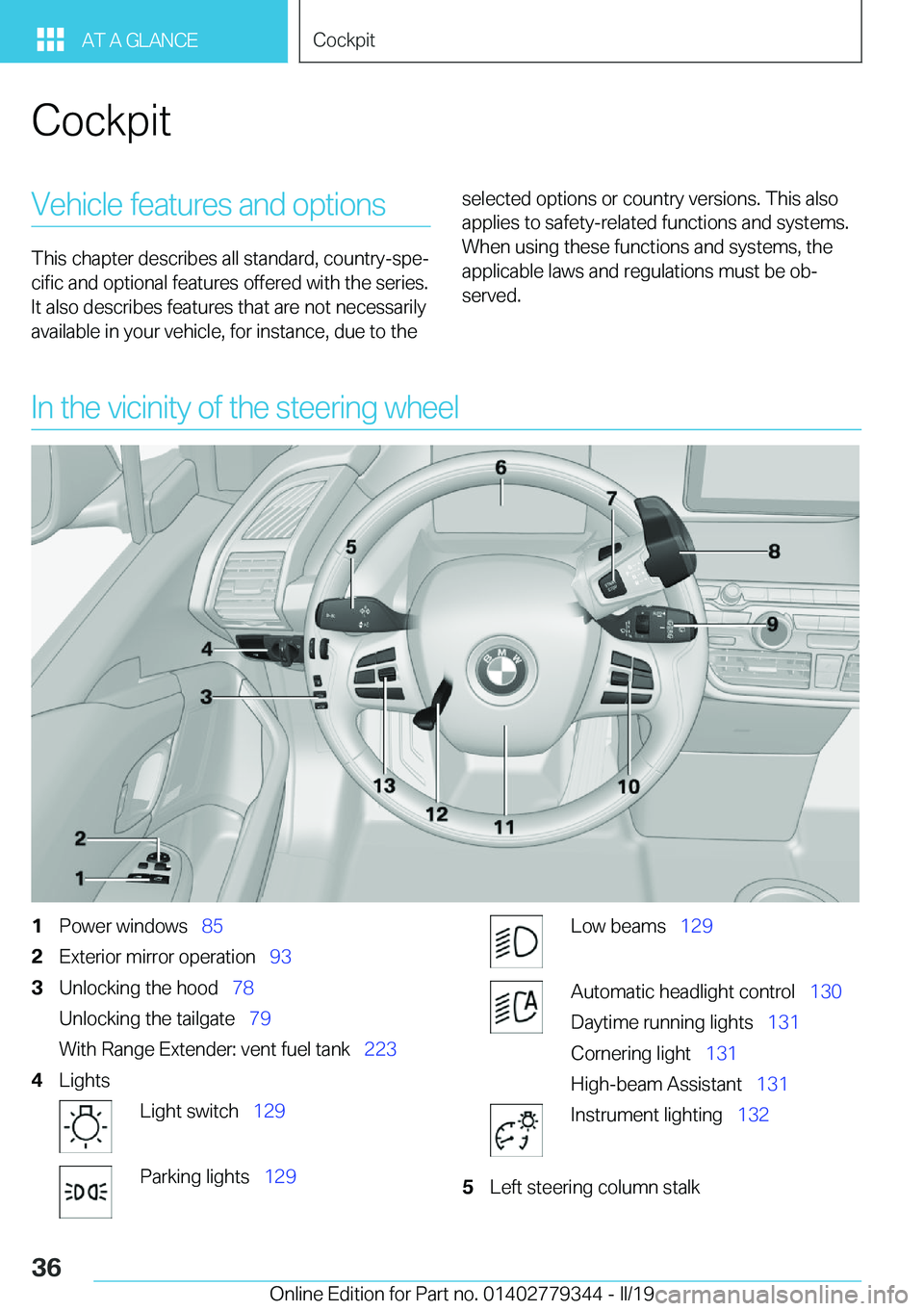 BMW I3 2019  Owners Manual �C�o�c�k�p�i�t�V�e�h�i�c�l�e��f�e�a�t�u�r�e�s��a�n�d��o�p�t�i�o�n�s
�T�h�i�s��c�h�a�p�t�e�r��d�e�s�c�r�i�b�e�s��a�l�l��s�t�a�n�d�a�r�d�,��c�o�u�n�t�r�y�-�s�p�ej
�c�i�f�i�c��a�n�d��o�p�t�i�o