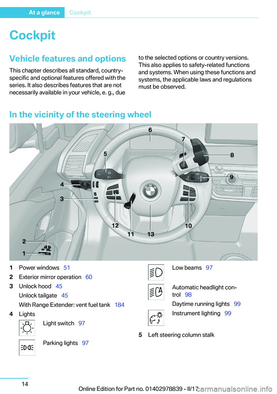 BMW I3 2017  Owners Manual �C�o�c�k�p�i�t�V�e�h�i�c�l�e��f�e�a�t�u�r�e�s��a�n�d��o�p�t�i�o�n�s
�T�h�i�s� �c�h�a�p�t�e�r� �d�e�s�c�r�i�b�e�s� �a�l�l� �s�t�a�n�d�a�r�d�,� �c�o�u�n�t�r�y�- �s�p�e�c�i�f�i�c� �a�n�d� �o�p�t�i�o�n