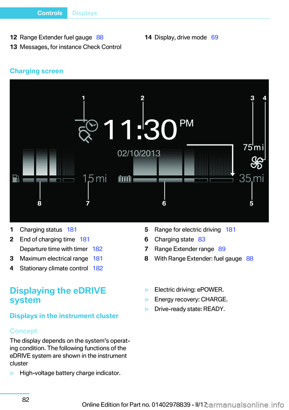 BMW I3 2017  Owners Manual �1�2�R�a�n�g�e� �E�x�t�e�n�d�e�r� �f�u�e�l� �g�a�u�g�e\_�8�8�1�3�M�e�s�s�a�g�e�s�,� �f�o�r� �i�n�s�t�a�n�c�e� �C�h�e�c�k� �C�o�n�t�r�o�l�1�4�D�i�s�p�l�a�y�,� �d�r�i�v�e� �m�o�d�e\_�6�9
�C�h�a�r�g�