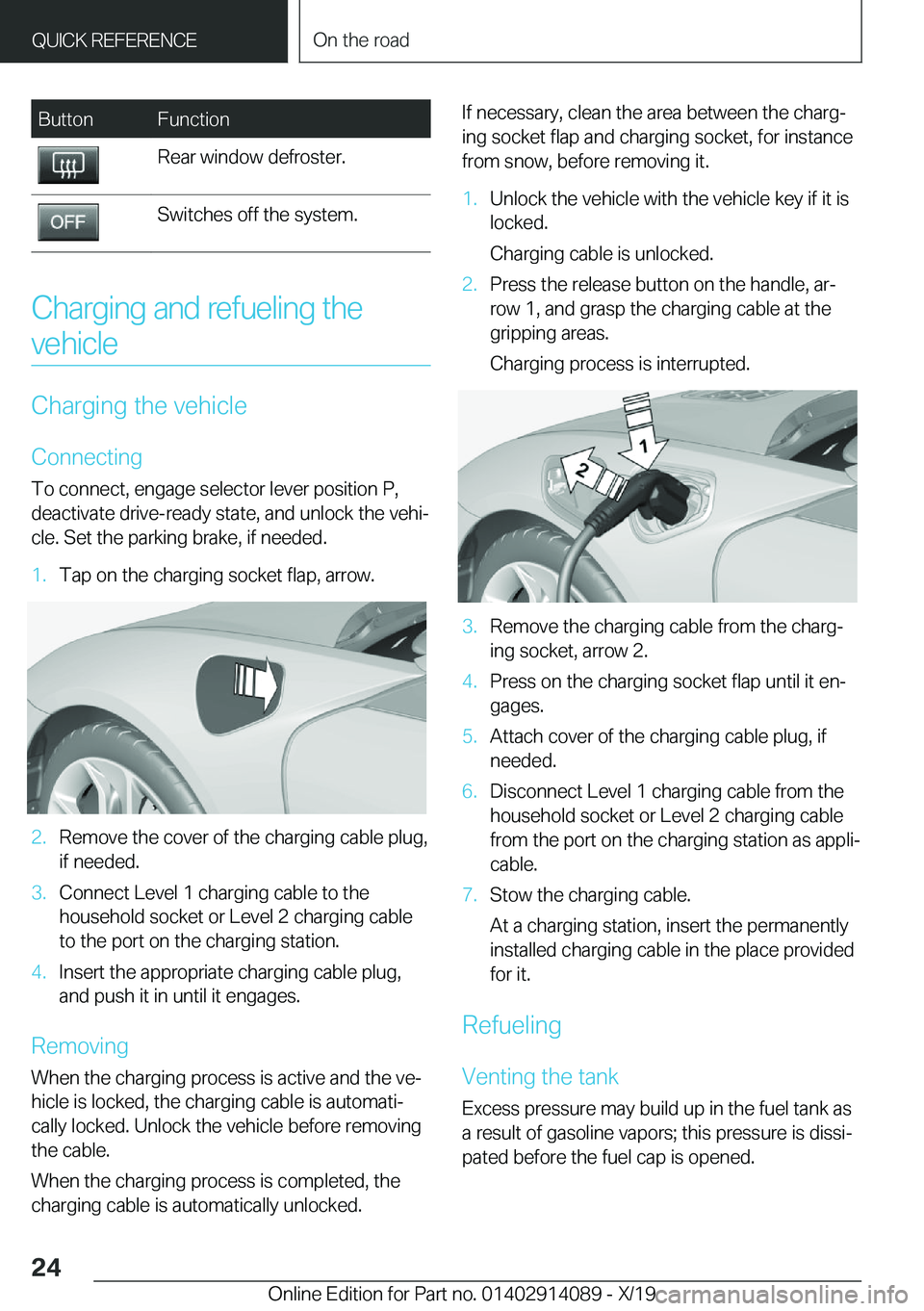 BMW I8 2020  Owners Manual �B�u�t�t�o�n�F�u�n�c�t�i�o�n�R�e�a�r��w�i�n�d�o�w��d�e�f�r�o�s�t�e�r�.�S�w�i�t�c�h�e�s��o�f�f��t�h�e��s�y�s�t�e�m�.
�C�h�a�r�g�i�n�g��a�n�d��r�e�f�u�e�l�i�n�g��t�h�e�v�e�h�i�c�l�e
�C�h�a�r�g�i