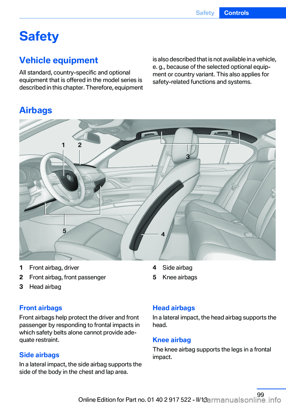 BMW 535I 2013  Owners Manual SafetyVehicle equipment
All standard, country-specific and optional
equipment that is offered in the model series is
described in this chapter. Therefore, equipmentis also described that is not availa