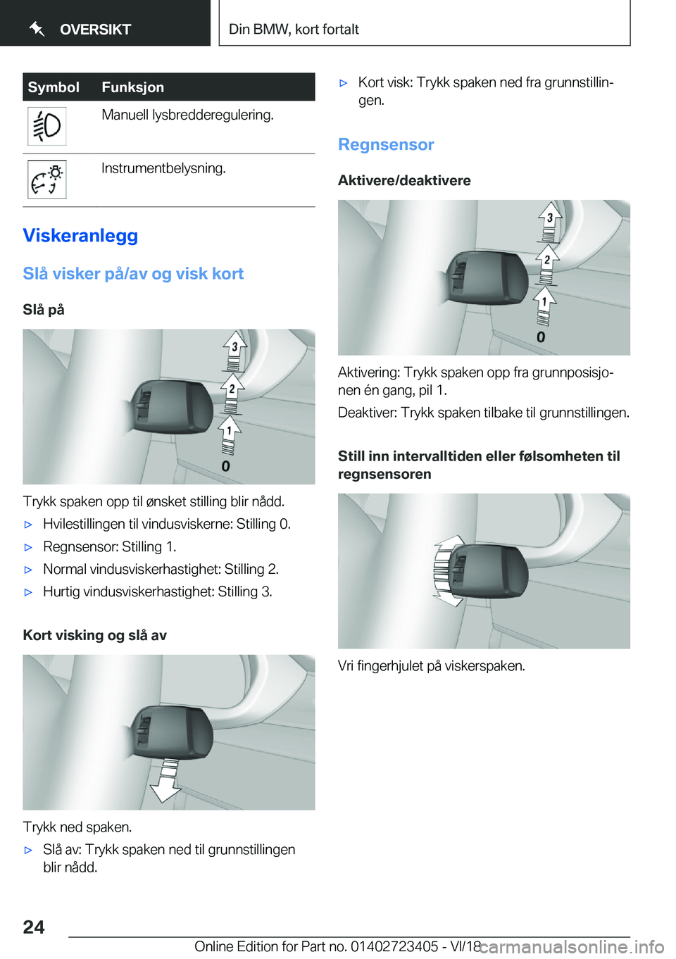 BMW 2 SERIES COUPE 2019  InstruksjonsbØker (in Norwegian) �S�y�m�b�o�l�F�u�n�k�s�j�o�n�M�a�n�u�e�l�l��l�y�s�b�r�e�d�d�e�r�e�g�u�l�e�r�i�n�g�.�I�n�s�t�r�u�m�e�n�t�b�e�l�y�s�n�i�n�g�.
�V�i�s�k�e�r�a�n�l�e�g�g
�S�l�å��v�i�s�k�e�r��p�å�/�a�v��o�g��v�i�s�k