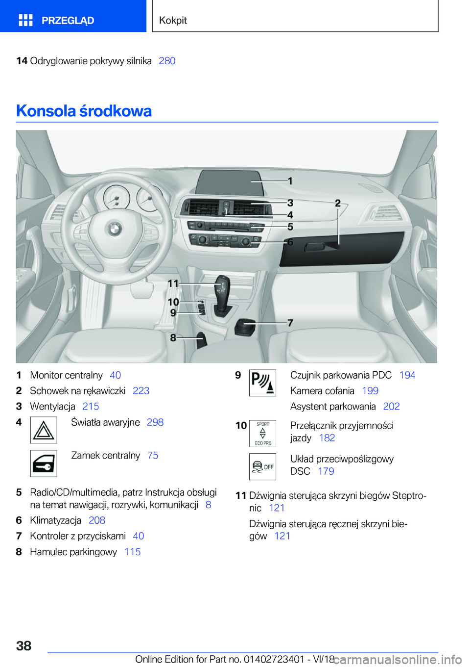 BMW 2 SERIES COUPE 2019  Instrukcja obsługi (in Polish) �1�4�O�d�r�y�g�l�o�w�a�n�i�e��p�o�k�r�y�w�y��s�i�l�n�i�k�a\_�2�8�0
�K�o�n�s�o�l�a��r�o�d�k�o�w�a
�1�M�o�n�i�t�o�r��c�e�n�t�r�a�l�n�y\_�4�0�2�S�c�h�o�w�e�k��n�a��r�