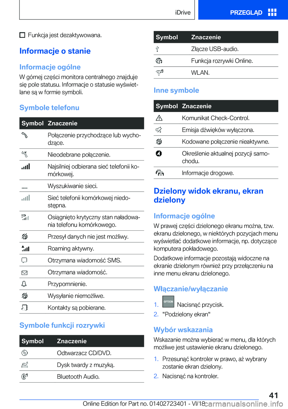 BMW 2 SERIES COUPE 2019  Instrukcja obsługi (in Polish) ���F�u�n�k�c�j�a��j�e�s�t��d�e�z�a�k�t�y�w�o�w�a�n�a�.
�I�n�f�o�r�m�a�c�j�e��o��s�t�a�n�i�e
�I�n�f�o�r�m�a�c�j�e��o�g�