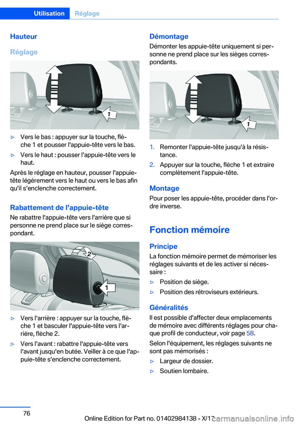 BMW 2 SERIES COUPE 2018  Notices Demploi (in French) �H�a�u�t�e�u�r
�R�é�g�l�a�g�e'y�V�e�r�s� �l�e� �b�a�s� �:� �a�p�p�u�y�e�r� �s�u�r� �l�a� �t�o�u�c�h�e�,� �f�l�èj �c�h�e� �1� �e�t� �p�o�u�s�s�e�r� �l�'�a�p�p�u�i�e�-�t�ê�t�e� �v�e�r�s� �l�