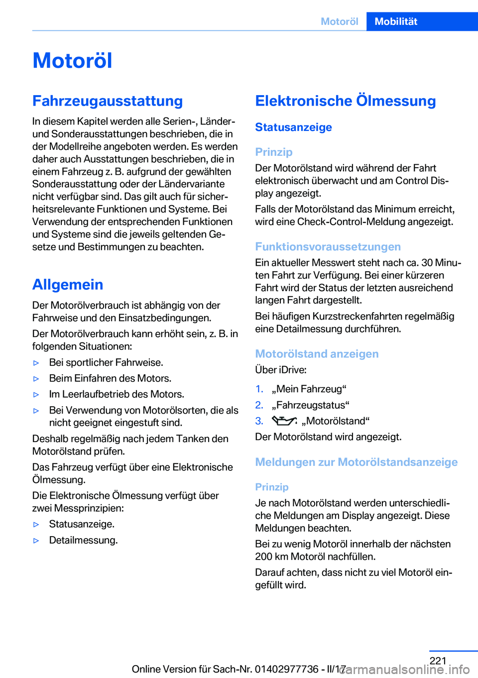 BMW 2 SERIES COUPE 2017  Betriebsanleitungen (in German) �M�o�t�o�r�