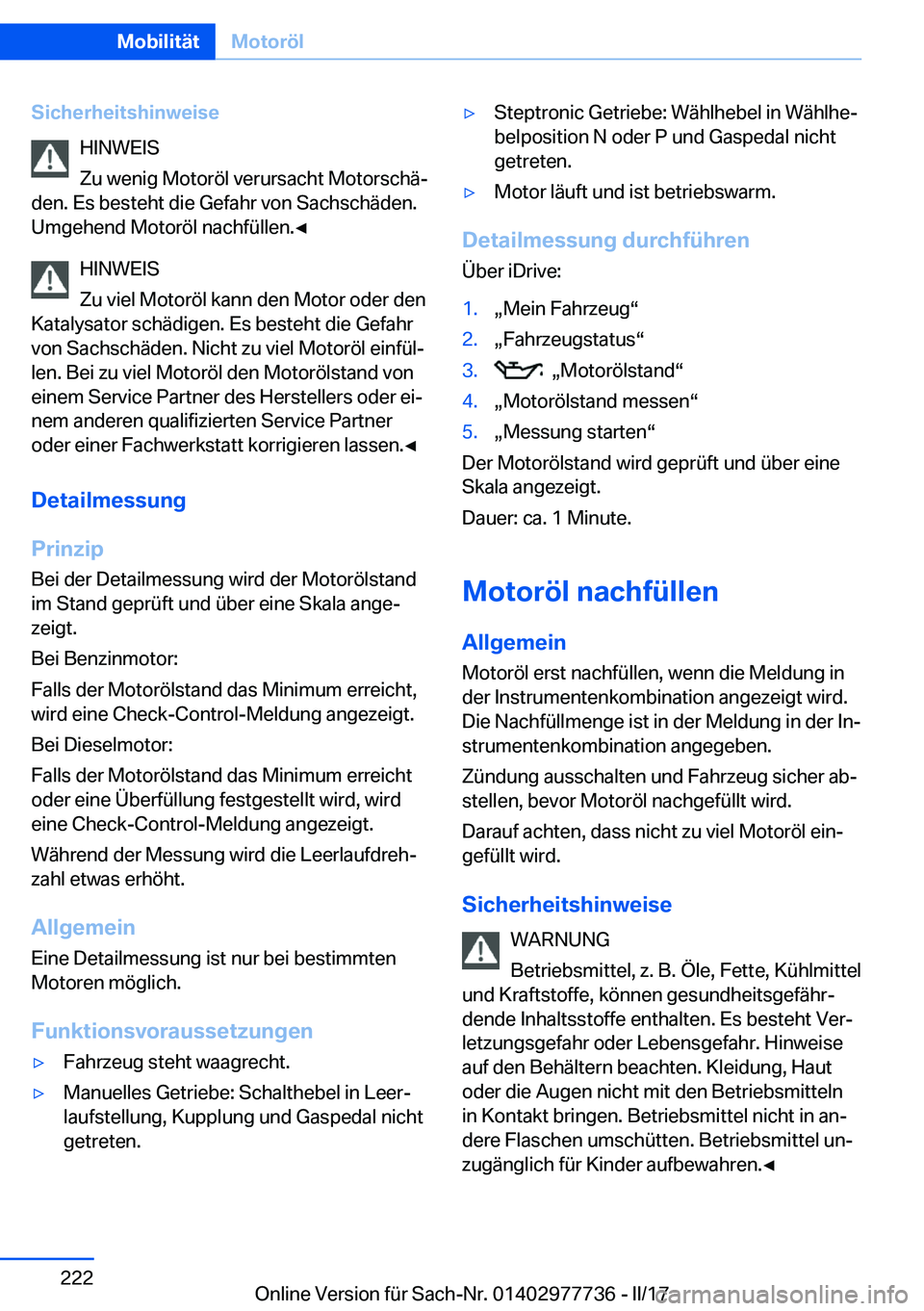 BMW 2 SERIES COUPE 2017  Betriebsanleitungen (in German) �S�i�c�h�e�r�h�e�i�t�s�h�i�n�w�e�i�s�e�H�I�N�W�E�I�S
�Z�u� �w�e�n�i�g� �M�o�t�o�r�