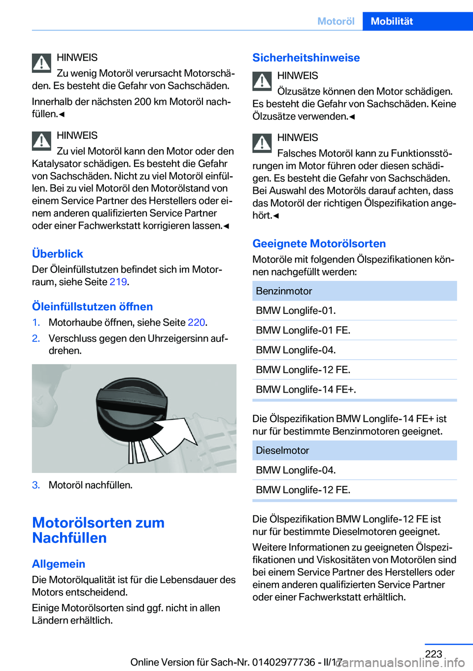 BMW 2 SERIES COUPE 2017  Betriebsanleitungen (in German) �H�I�N�W�E�I�S
�Z�u� �w�e�n�i�g� �M�o�t�o�r�