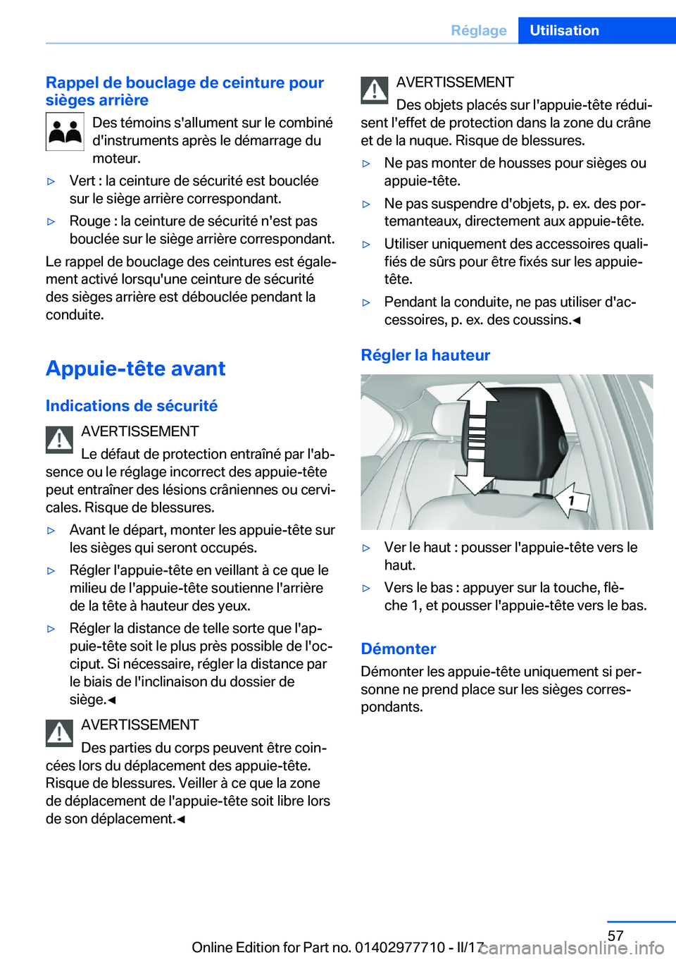 BMW 2 SERIES COUPE 2017  Notices Demploi (in French) �R�a�p�p�e�l��d�e��b�o�u�c�l�a�g�e��d�e��c�e�i�n�t�u�r�e��p�o�u�r
�s�i�è�g�e�s��a�r�r�i�è�r�e
�D�e�s� �t�é�m�o�i�n�s� �s�'�a�l�l�u�m�e�n�t� �s�u�r� �l�e� �c�o�m�b�i�n�é�d�'�i�n�s�t�r