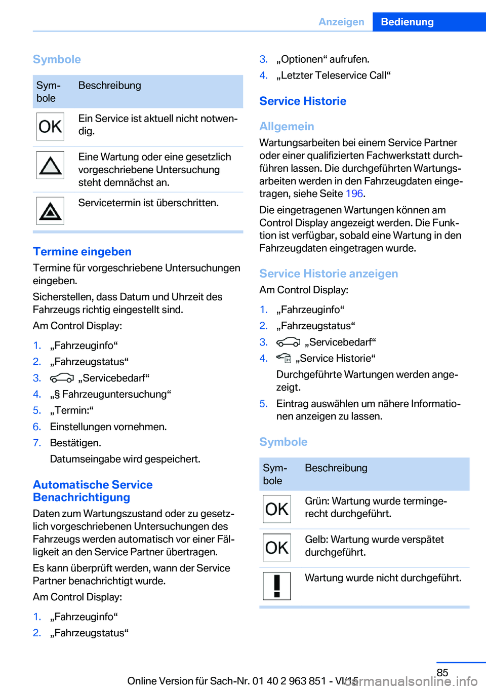 BMW 2 SERIES COUPE 2016  Betriebsanleitungen (in German) SymboleSym‐
boleBeschreibungEin Service ist aktuell nicht notwen‐
dig.Eine Wartung oder eine gesetzlich
vorgeschriebene Untersuchung
steht demnächst an.Servicetermin ist überschritten.
Termine e
