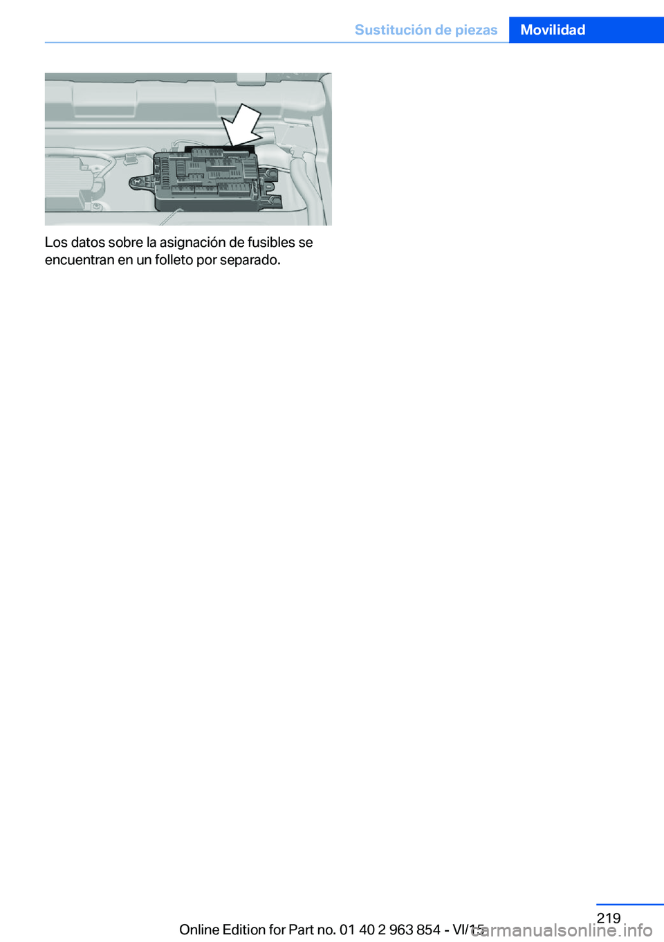 BMW 2 SERIES COUPE 2016  Manuales de Empleo (in Spanish) Los datos sobre la asignación de fusibles se
encuentran en un folleto por separado.
Seite 219Sustitución de piezasMovilidad219
Online Edition for Part no. 01 40 2 963 854 - VI/15 