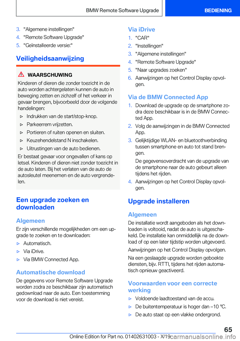BMW 2 SERIES GRAN COUPE 2020  Instructieboekjes (in Dutch) �3�.��A�l�g�e�m�e�n�e��i�n�s�t�e�l�l�i�n�g�e�n��4�.��R�e�m�o�t�e��S�o�f�t�w�a�r�e��U�p�g�r�a�d�e��5�.��G�e�