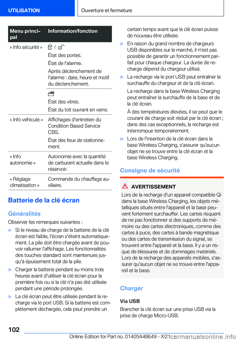 BMW 3 SERIES 2022  Notices Demploi (in French) �M�e�n�u��p�r�i�n�c�ij
�p�a�l�I�n�f�o�r�m�a�t�i�o�n�/�f�o�n�c�t�i�o�n�k��I�n�f�o��s�é�c�u�r�i�t�é��{���/���
�É�t�a�t��d�e�s��p�o�r�t�e�s�.
�É�t�a�t��d�e��l�'�a�l�a�r�m�e�.
�A�p�r