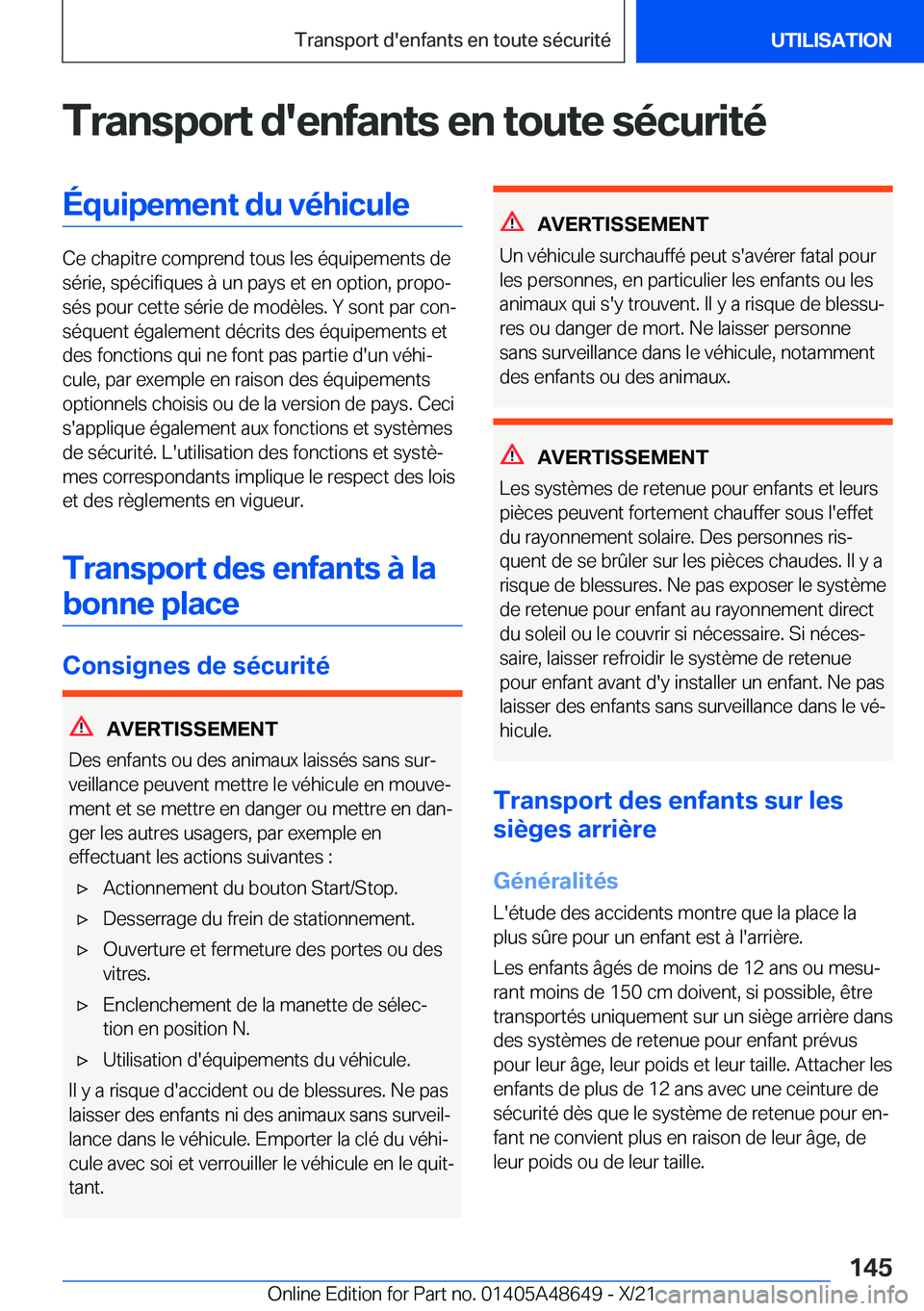 BMW 3 SERIES 2022  Notices Demploi (in French) �T�r�a�n�s�p�o�r�t��d�'�e�n�f�a�n�t�s��e�n��t�o�u�t�e��s�é�c�u�r�i�t�é�