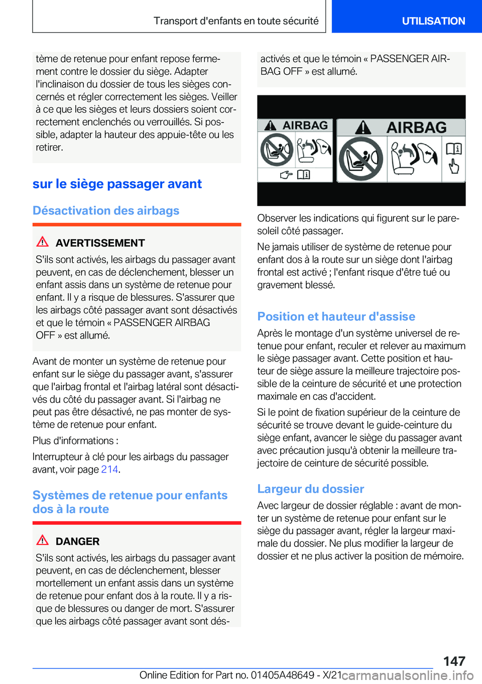 BMW 3 SERIES 2022  Notices Demploi (in French) �t�è�m�e��d�e��r�e�t�e�n�u�e��p�o�u�r��e�n�f�a�n�t��r�e�p�o�s�e��f�e�r�m�ej�m�e�n�t��c�o�n�t�r�e��l�e��d�o�s�s�i�e�r��d�u��s�i�è�g�e�.��A�d�a�p�t�e�r �l�'�i�n�c�l�i�n�a�i�s�o�n��d�