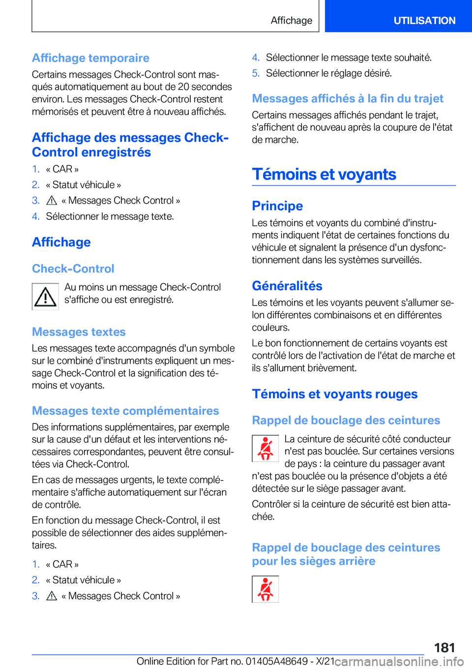BMW 3 SERIES 2022  Notices Demploi (in French) �A�f�f�i�c�h�a�g�e��t�e�m�p�o�r�a�i�r�e
�C�e�r�t�a�i�n�s��m�e�s�s�a�g�e�s��C�h�e�c�k�-�C�o�n�t�r�o�l��s�o�n�t��m�a�sj
�q�u�é�s��a�u�t�o�m�a�t�i�q�u�e�m�e�n�t��a�u��b�o�u�t��d�e��2�0��s�e�