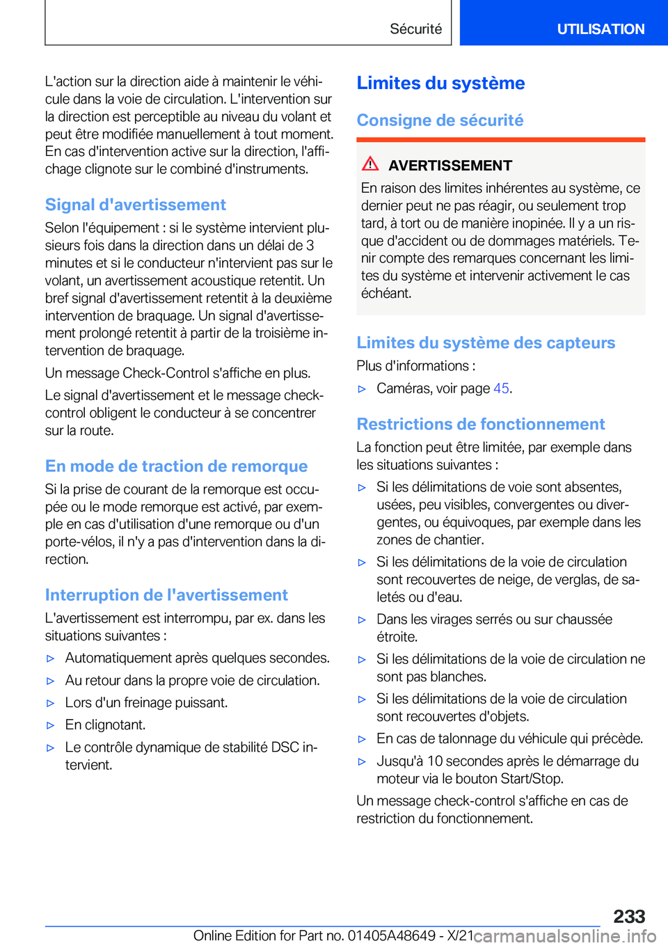 BMW 3 SERIES 2022  Notices Demploi (in French) �L�'�a�c�t�i�o�n��s�u�r��l�a��d�i�r�e�c�t�i�o�n��a�i�d�e��