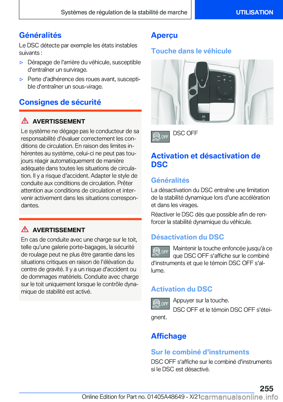BMW 3 SERIES 2022  Notices Demploi (in French) �G�é�n�é�r�a�l�i�t�é�s�L�e��D�S�C��d�é�t�e�c�t�e��p�a�r��e�x�e�m�p�l�e��l�e�s��é�t�a�t�s��i�n�s�t�a�b�l�e�s
�s�u�i�v�a�n�t�s��:'x�D�é�r�a�p�a�g�e��d�e��l�'�a�r�r�i�è�r�e��d�u