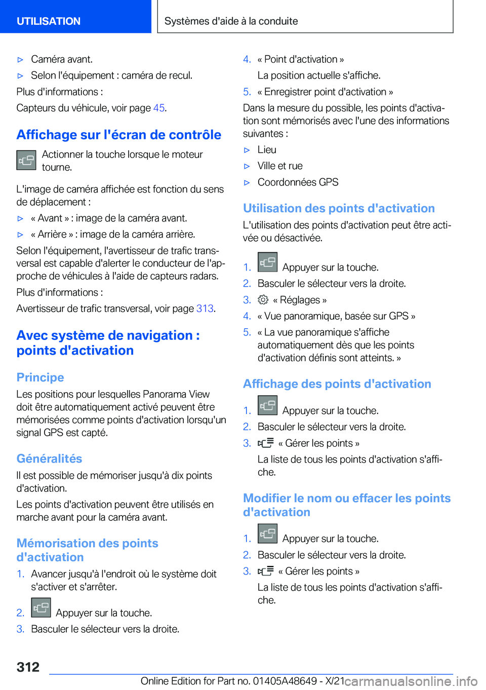 BMW 3 SERIES 2022  Notices Demploi (in French) 'x�C�a�m�é�r�a��a�v�a�n�t�.'x�S�e�l�o�n��l�'�é�q�u�i�p�e�m�e�n�t��:��c�a�m�é�r�a��d�e��r�e�c�u�l�.
�P�l�u�s��d�'�i�n�f�o�r�m�a�t�i�o�n�s��:
�C�a�p�t�e�u�r�s��d�u��v�é�h�i