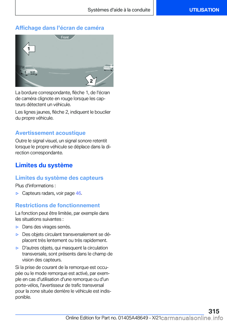 BMW 3 SERIES 2022  Notices Demploi (in French) �A�f�f�i�c�h�a�g�e��d�a�n�s��l�'�é�c�r�a�n��d�e��c�a�m�é�r�a
�L�a��b�o�r�d�u�r�e��c�o�r�r�e�s�p�o�n�d�a�n�t�e�,��f�l�è�c�h�e��1�,��d�e��l�'�é�c�r�a�n�d�e��c�a�m�é�r�a��c�l�i�g