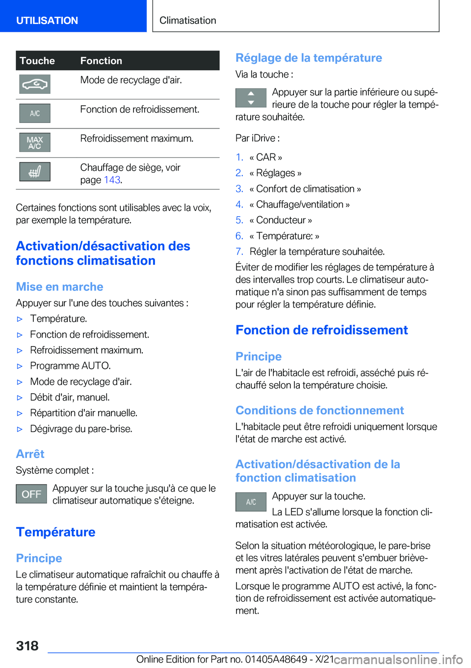 BMW 3 SERIES 2022  Notices Demploi (in French) �T�o�u�c�h�e�F�o�n�c�t�i�o�n�M�o�d�e��d�e��r�e�c�y�c�l�a�g�e��d�'�a�i�r�.�F�o�n�c�t�i�o�n��d�e��r�e�f�r�o�i�d�i�s�s�e�m�e�n�t�.�R�e�f�r�o�i�d�i�s�s�e�m�e�n�t��m�a�x�i�m�u�m�.�C�h�a�u�f�f�a�g