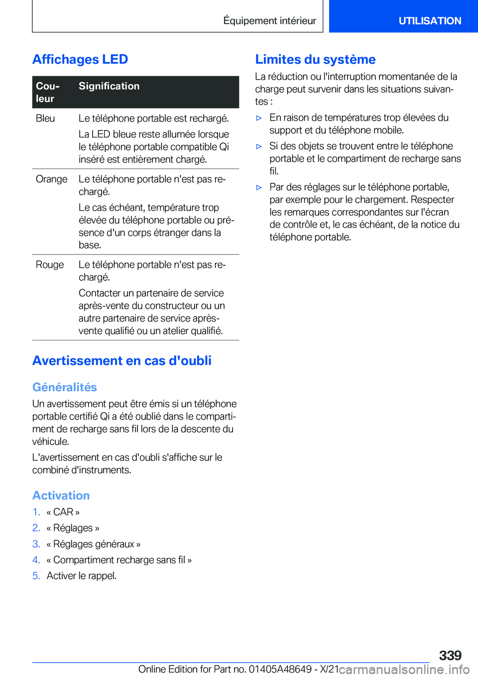 BMW 3 SERIES 2022  Notices Demploi (in French) �A�f�f�i�c�h�a�g�e�s��L�E�D�C�o�uj
�l�e�u�r�S�i�g�n�i�f�i�c�a�t�i�o�n�B�l�e�u�L�e��t�é�l�é�p�h�o�n�e��p�o�r�t�a�b�l�e��e�s�t��r�e�c�h�a�r�g�é�.
�L�a��L�E�D��b�l�e�u�e��r�e�s�t�e��a�l�l�u�