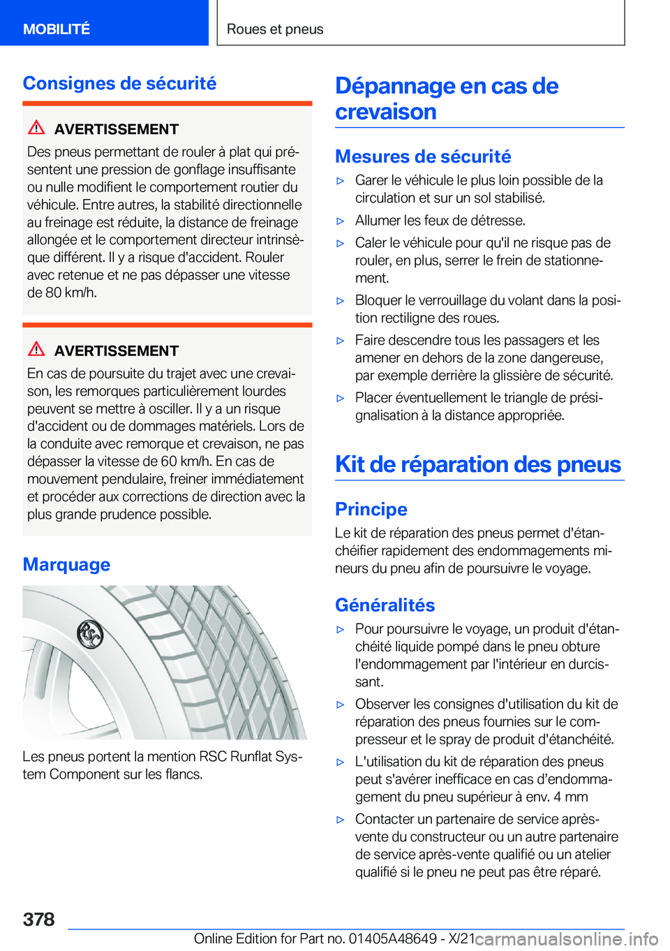 BMW 3 SERIES 2022  Notices Demploi (in French) �C�o�n�s�i�g�n�e�s��d�e��s�é�c�u�r�i�t�é
�A�V�E�R�T�I�S�S�E�M�E�N�T
�D�e�s��p�n�e�u�s��p�e�r�m�e�t�t�a�n�t��d�e��r�o�u�l�e�r��