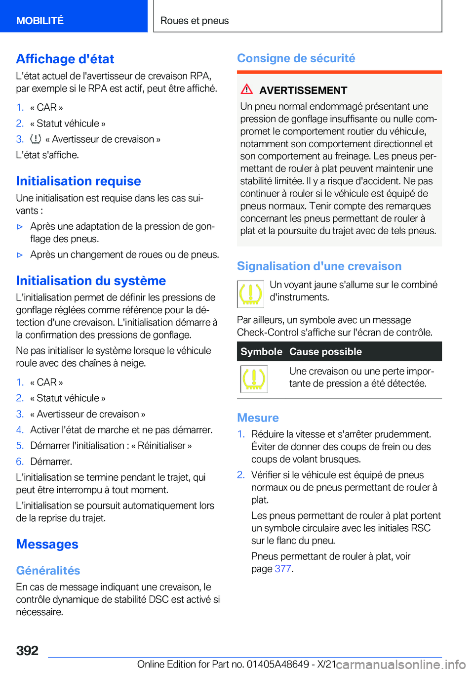 BMW 3 SERIES 2022  Notices Demploi (in French) �A�f�f�i�c�h�a�g�e��d�'�é�t�a�t
�L�'�é�t�a�t��a�c�t�u�e�l��d�e��l�'�a�v�e�r�t�i�s�s�e�u�r��d�e��c�r�e�v�a�i�s�o�n��R�P�A�,
�p�a�r��e�x�e�m�p�l�e��s�i��l�e��R�P�A��e�s�t��a�c